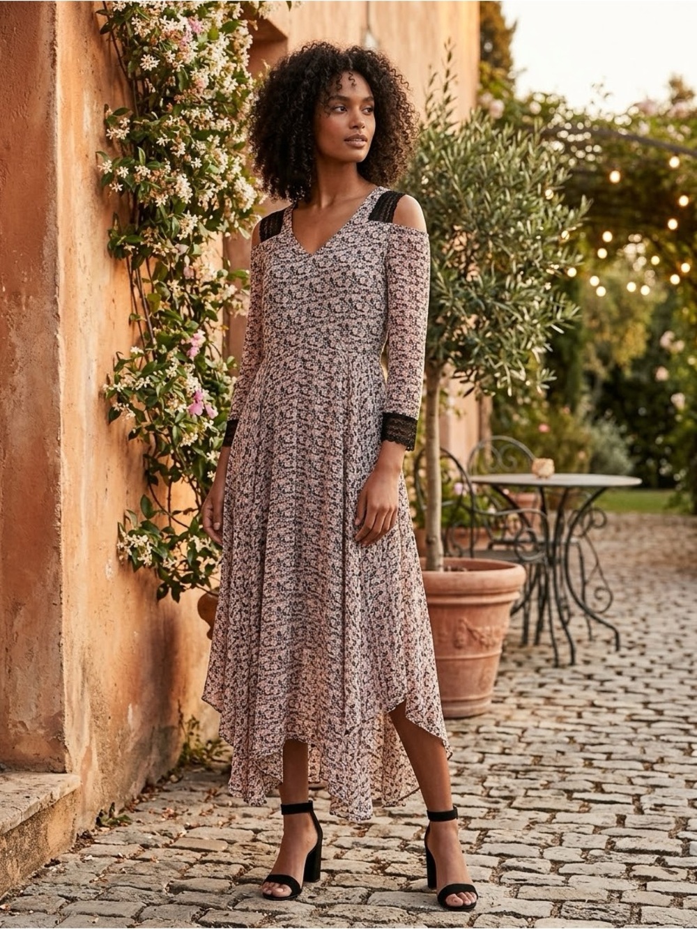 Maje Riano Imprimé Floral Cold-Shoulder Midi Dress Size Small